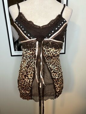 Y2k Brown Leopard Satin & Lace Chemise with Ribbon Detail